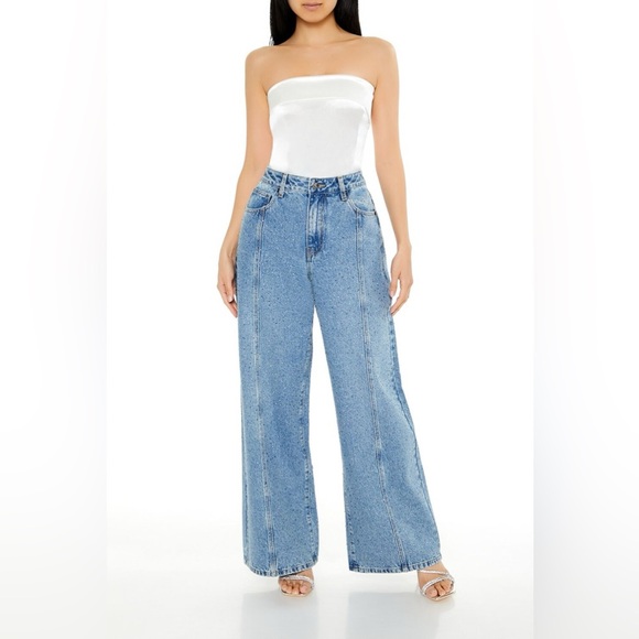 Forever 21 High Rise Wide Leg Rhinestone Denim Jeans Blue Size 25 Y2K Sparkle - Picture 1 of 11